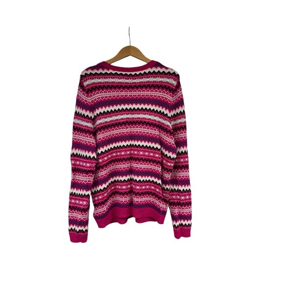 Talbots Cardigan Women’s Pink Lambs Wool Sweater Fair Isle Stripe Nordic Large - Picture 4 of 6